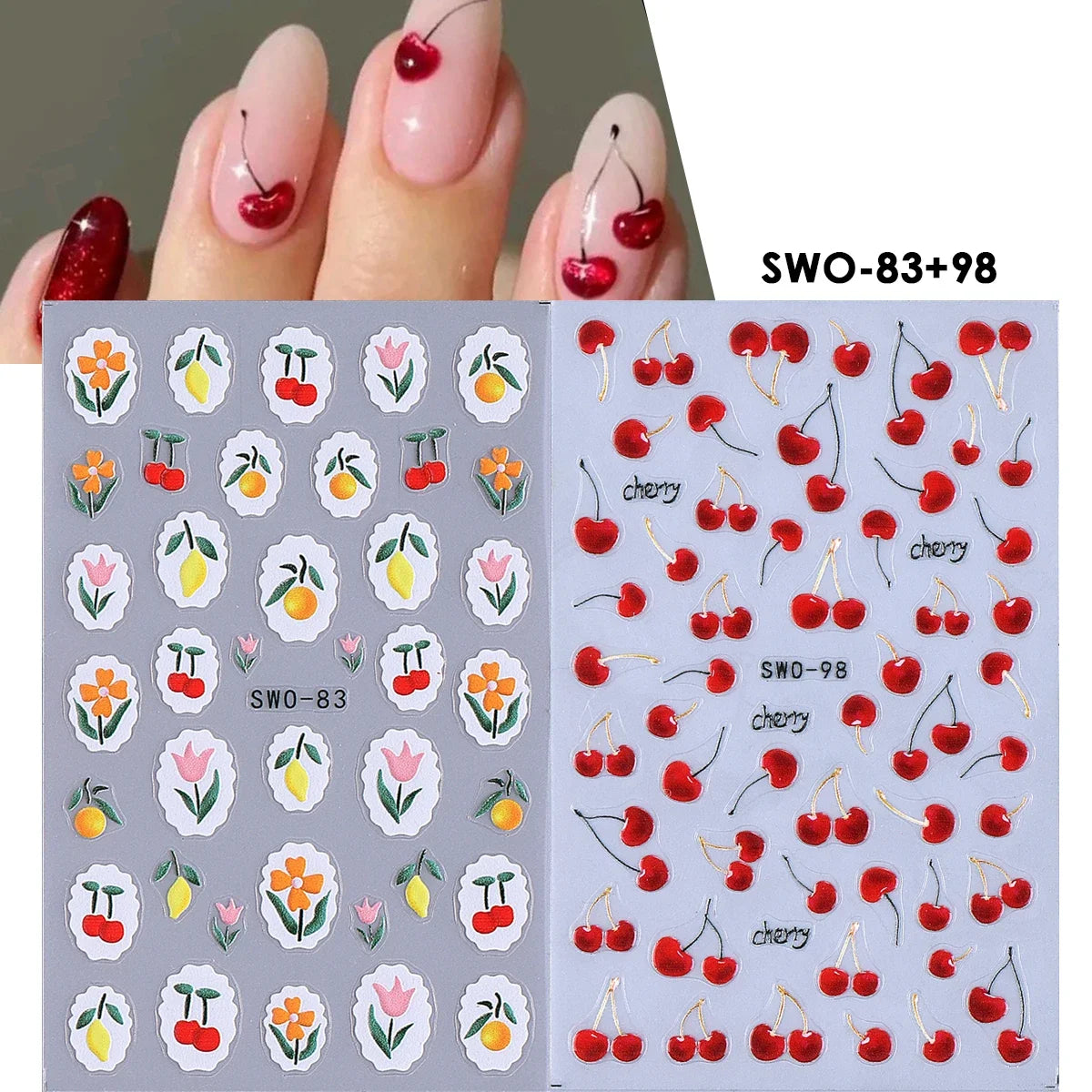 2pcs Sweet Element Nail Art Stickers Simple Flower Heart Cherry Strawberry Kawaii Decals Colorful Bow Butterfly Manicure Sliders