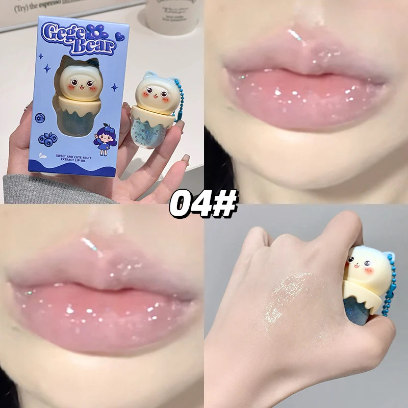 Gege Bear Cute Fruit-Flavored Lip Oil, Can be Key Pendant, Hydrating & Moisturizing Lip Balm for Lipstick Base, Reduces Lip Line