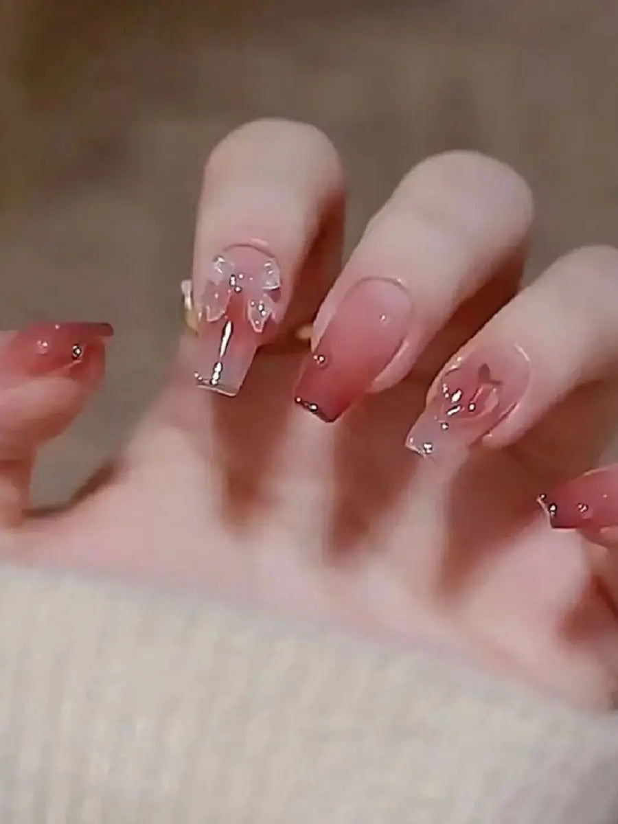 24PCS/1 BOX Gradient Patch  Love Peach Bow See Photochromic Stereo Wear Nail  Fake Nail