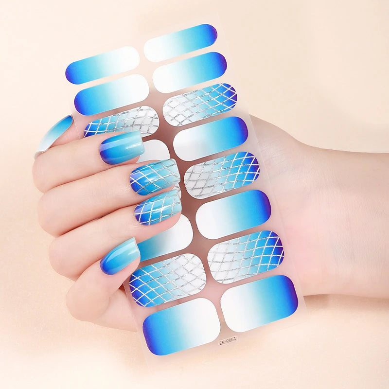16Tips Sparkling DIY Baking-Free Nail Stickers French Nail Patch Full Cover Adhesive Nail Wraps Manicures Decoration Decal
