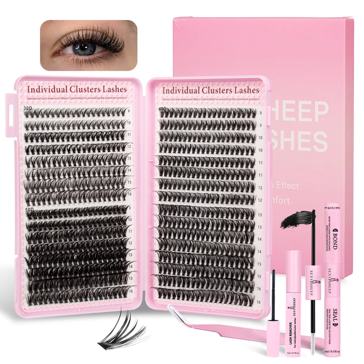 DIY Lash Clusters Kit Mixed Styles Eyelash Extension Full Set Individual Lashes with Lash Bond&Seal and Tweezers Makeup Tool