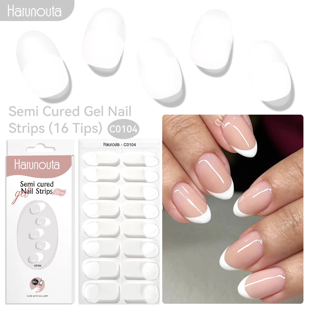Harunouta 16strips Gradient Red Marble Gold Line Semi Cured Gel Nail Strips DIY Gel Polish Stickers for Nails Work with UV/LED