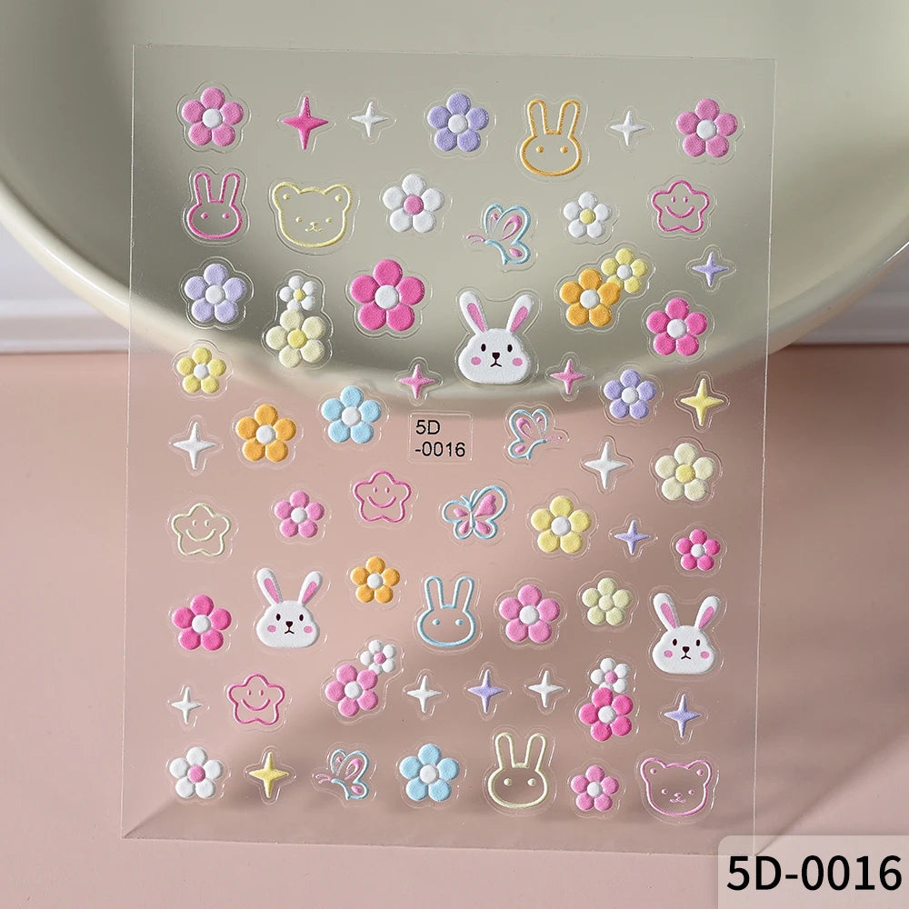 1Pcs 5D Lovely Panda Nail Stickers Cartoon Rabbit/Flower/Animal Self Adhesive Nail Art Decals Y2K Manicure Decorations Sliders *
