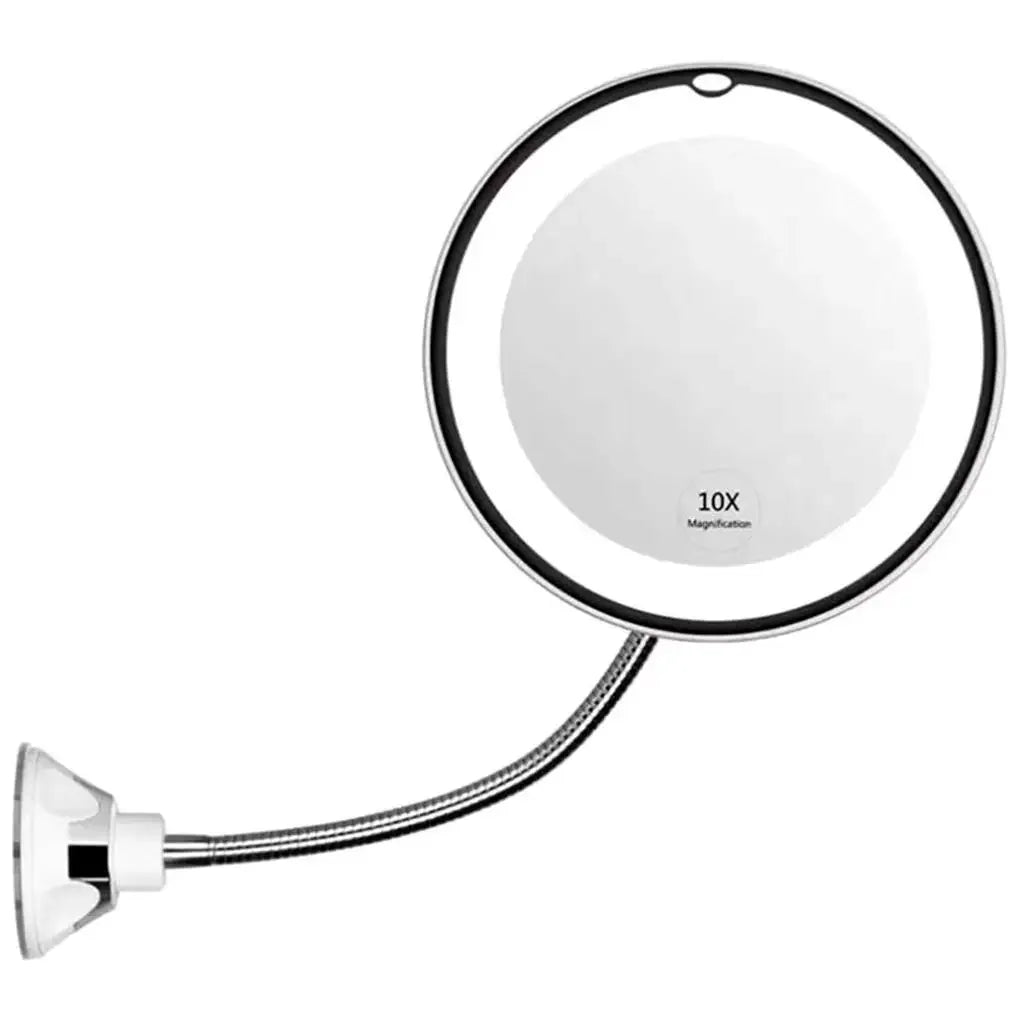 10X Magnifying LED Makeup Mirror with Gooseneck – Suction Cup Mount, Diffused Light & 360° Swivel for Bathroom & Vanity