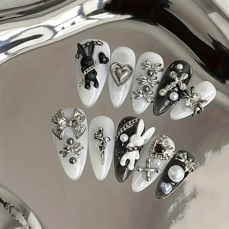 10pcs personalized black and white nail art, rabbit and bow decoration - Gothic minimalist style, suitable for daily wear
