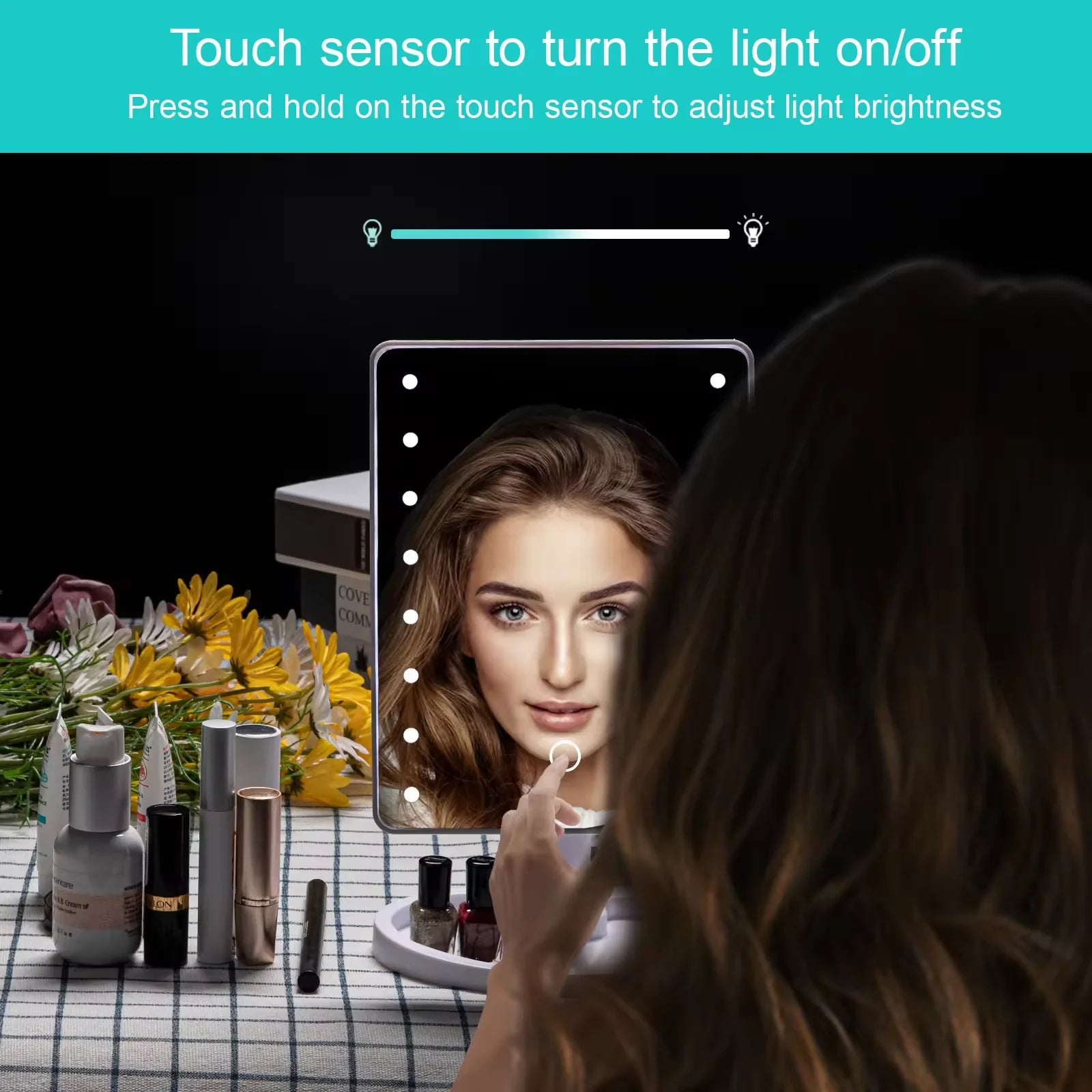 Vanity Lighted Makeup Mirror Square with stand, Desktop Beauty LED Cosmetic Mirror with Touch Screen Handheld Compact for Gifts