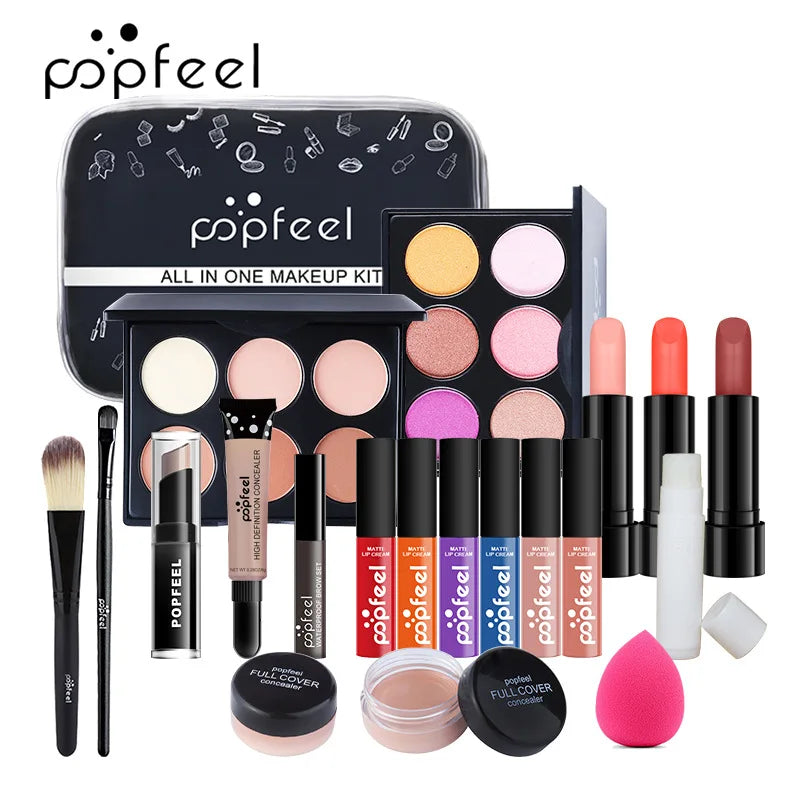 All in One Makeup Kit Gift Set with Eyeshadow Palette Foundation Lip Gloss Blush Brushes Eyeline Mixed Color Paste Long lasting