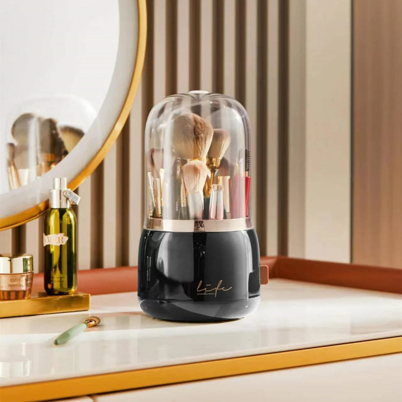 Luxury Light Makeup Brush Holder Dustproof Rotating Cup Organizer for Lipstick Eyebrow Pencil - Elegant Storage Solution