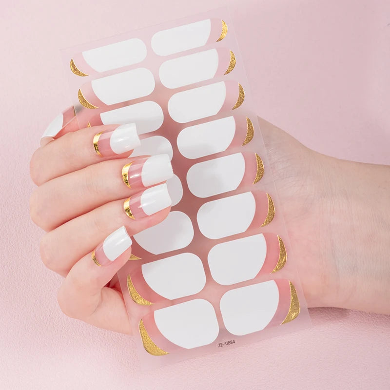 16Tips Sparkling DIY Baking-Free Nail Stickers French Nail Patch Full Cover Adhesive Nail Wraps Manicures Decoration Decal