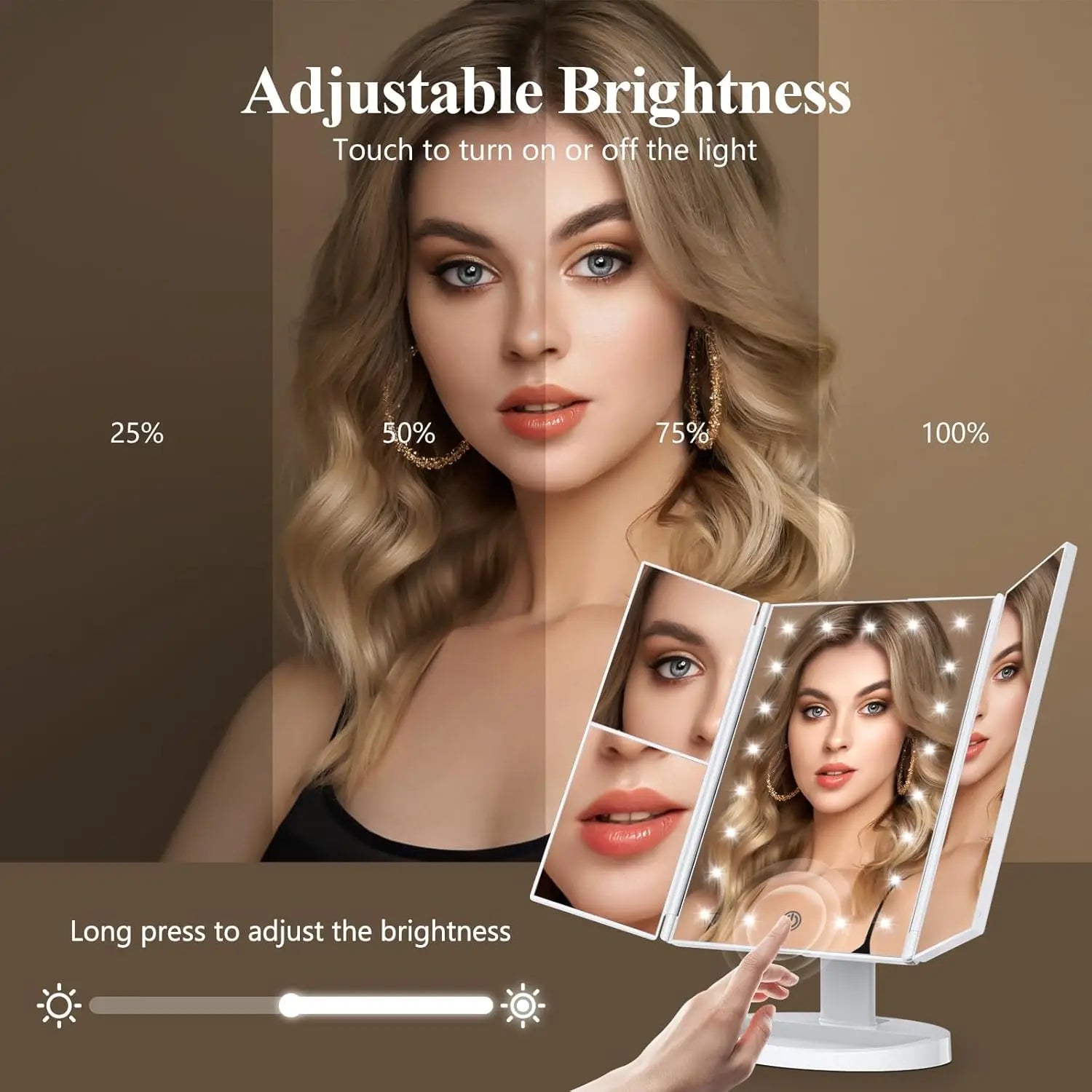Vanity Makeup Mirror with Light 2X/3X/10X Magnification Lighted Cosmetic Mirror Touch Control Trifold Dual Power Supply Portable