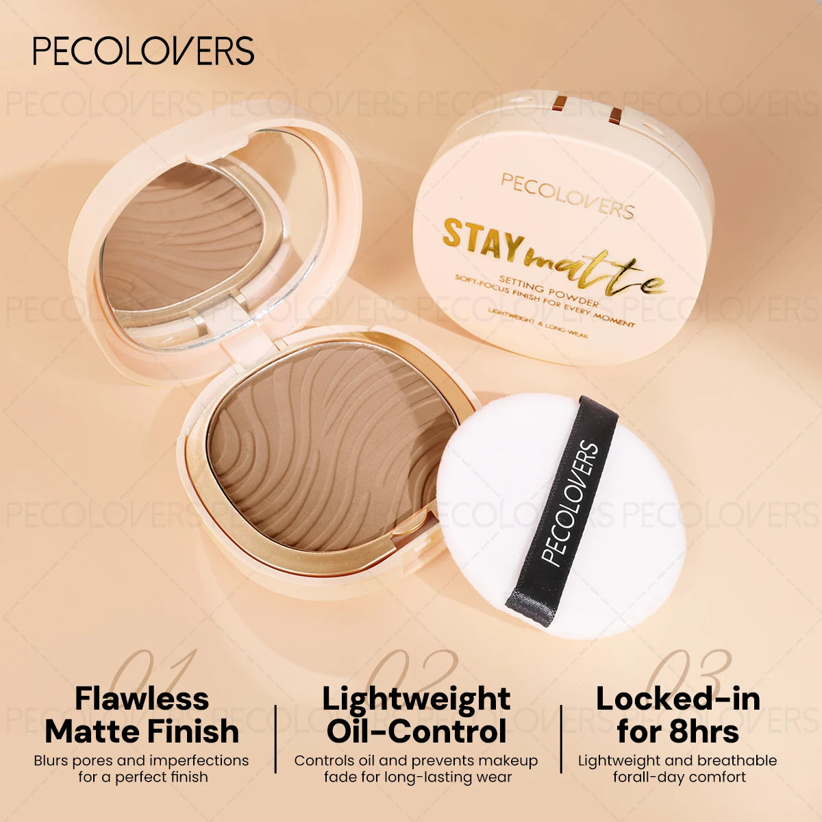 Pressed Powder Foundation, Waterproof, Matte Finish, Full Coverage, Non-Sticky, for All Skin Types, Light to Medium Tone