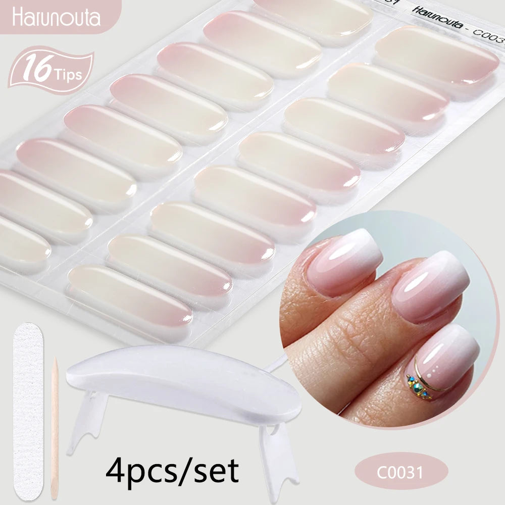 Harunouta 4pcs/set Gradient Jelly Semi Cured Gel Nail Strips with Nail Lamp Nude Pink Waterproof Nail Stickers Long Lasting Wrap