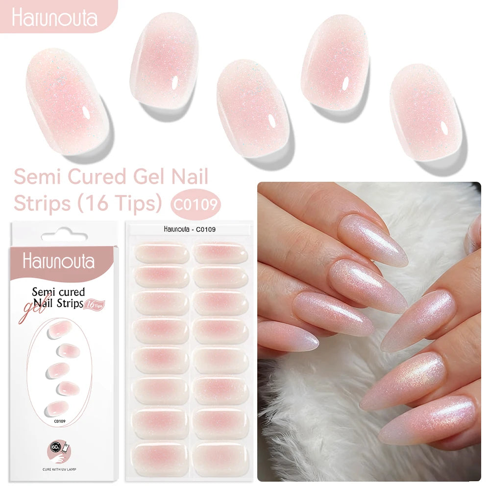 Harunouta 16strips Gradient Red Marble Gold Line Semi Cured Gel Nail Strips DIY Gel Polish Stickers for Nails Work with UV/LED