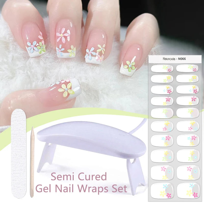 Harunouta 4pcs/set Gradient Jelly Semi Cured Gel Nail Strips with Nail Lamp Nude Pink Waterproof Nail Stickers Long Lasting Wrap