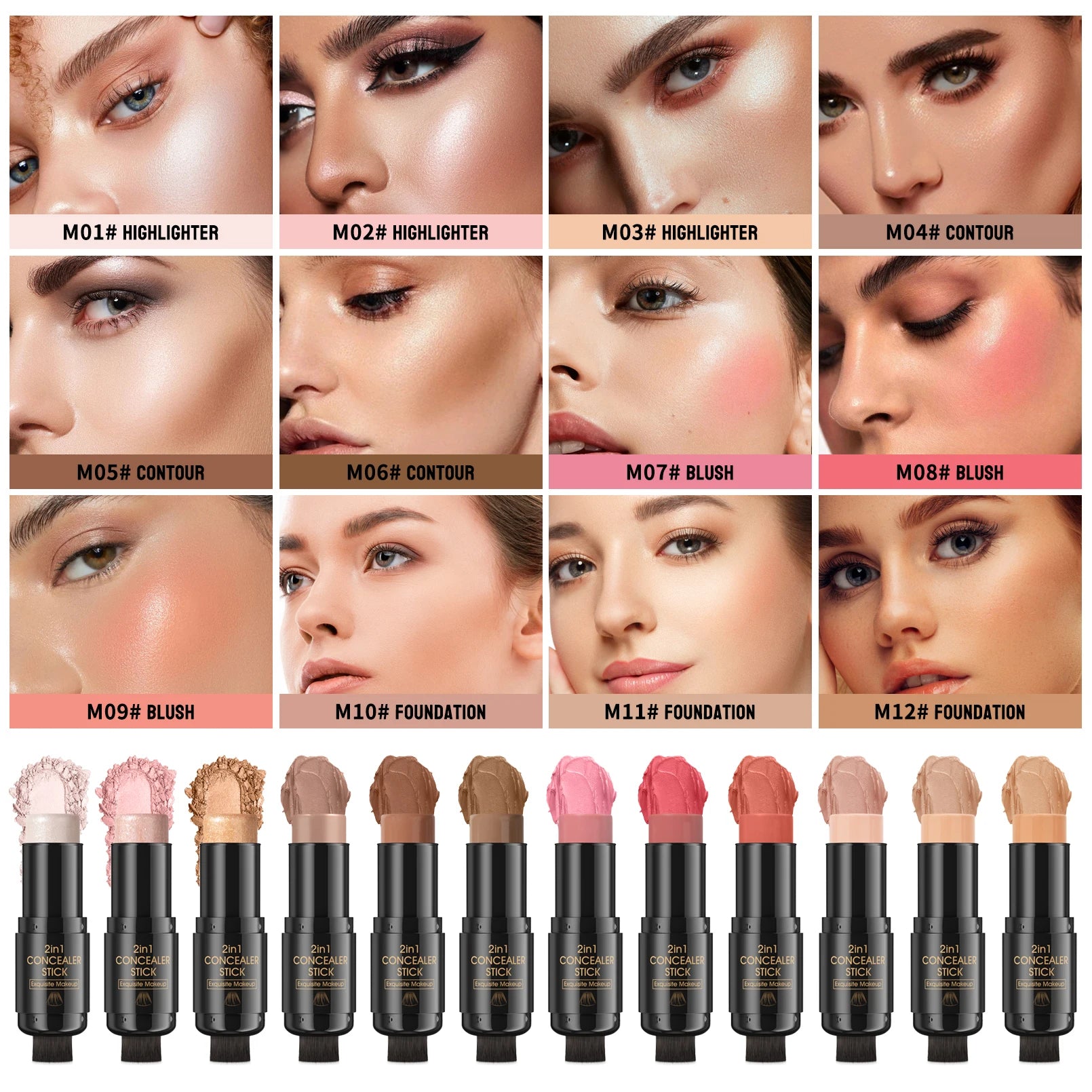 Double-head Face Bronzer Contour Stick Cream Makeup Light Dark Shadow Lasting Concealer Facial Brighten Contouring With Brush