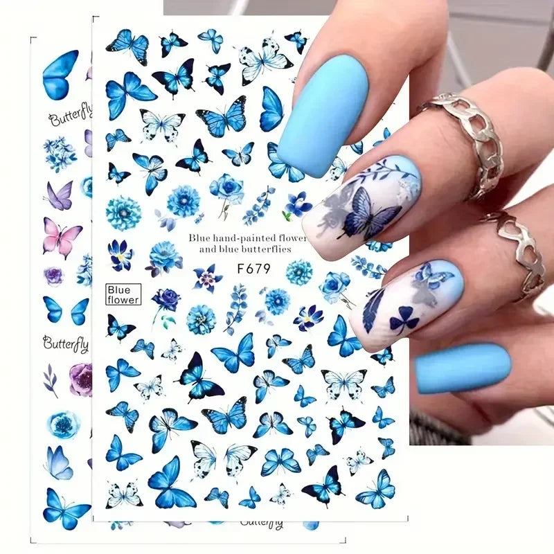 Elegant Butterfly Nail Manicure Stickers Blue Butterflies Leopard Retro Flowers Adhesive Decal Wedding Charm Manicure Tips