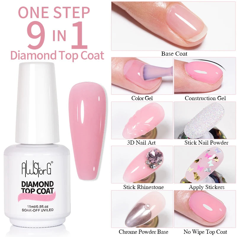 AWStorG 15ML Super Top Coat  Function Gel No Wipe Matte Top Gel Transparent Soak Off  UV LED NailArt Manicure Gel Varnish Primer