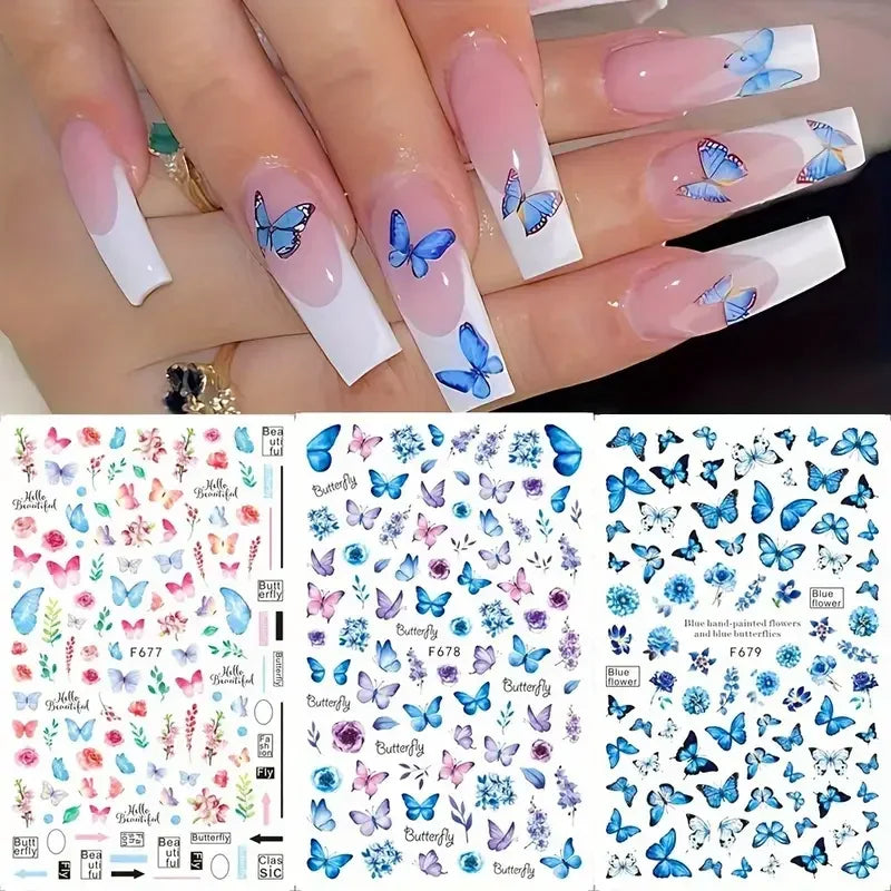 Elegant Butterfly Nail Manicure Stickers Blue Butterflies Leopard Retro Flowers Adhesive Decal Wedding Charm Manicure Tips
