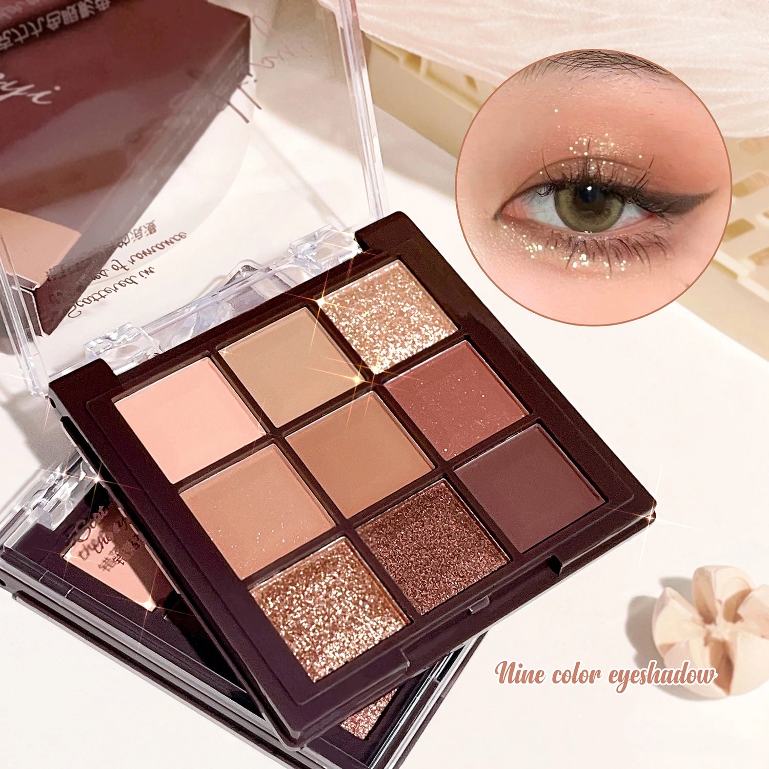 Mocha Chocolate Eyeshadow Palette - 9 brown, nude and gold shades in matte, natural and shimmer finishes, perfect for music fest