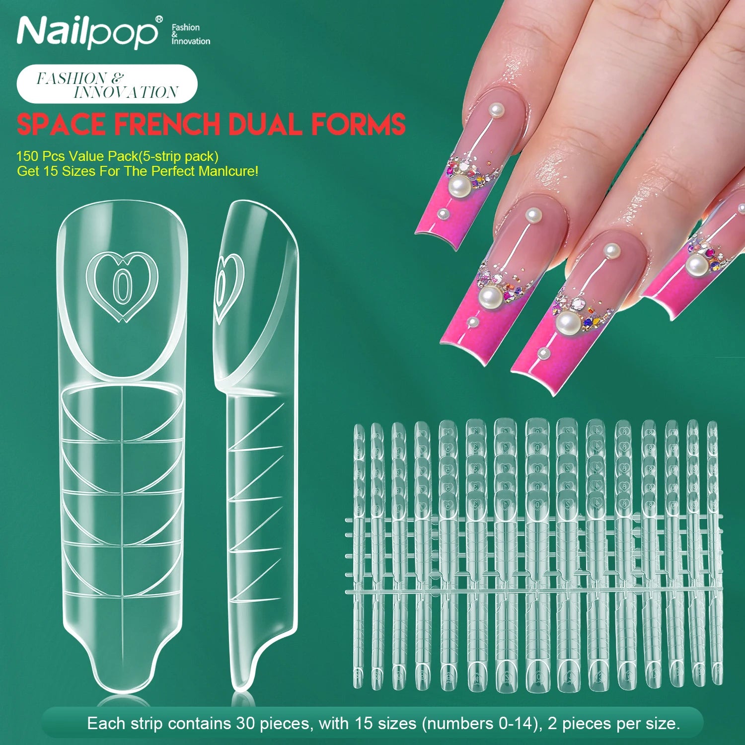 Nailpop Space French Dual Forms 15 Sizes 60/150PCS Transparen Reusable Nail Extension Gel French Tip Manicure Tool DIY Art Salon