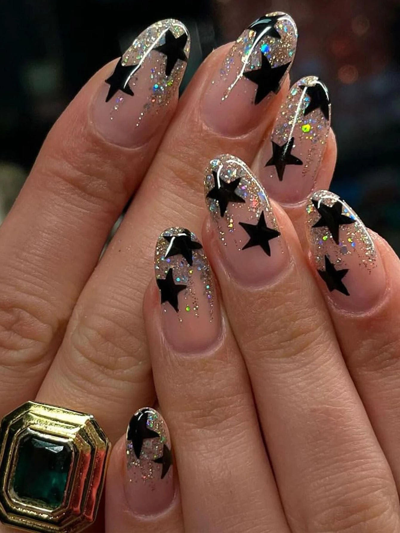 ARTAUG 24PCS Medium Stiletto Pink Black French Tip Press On Nails Star Pattern Glitter Press On Nails