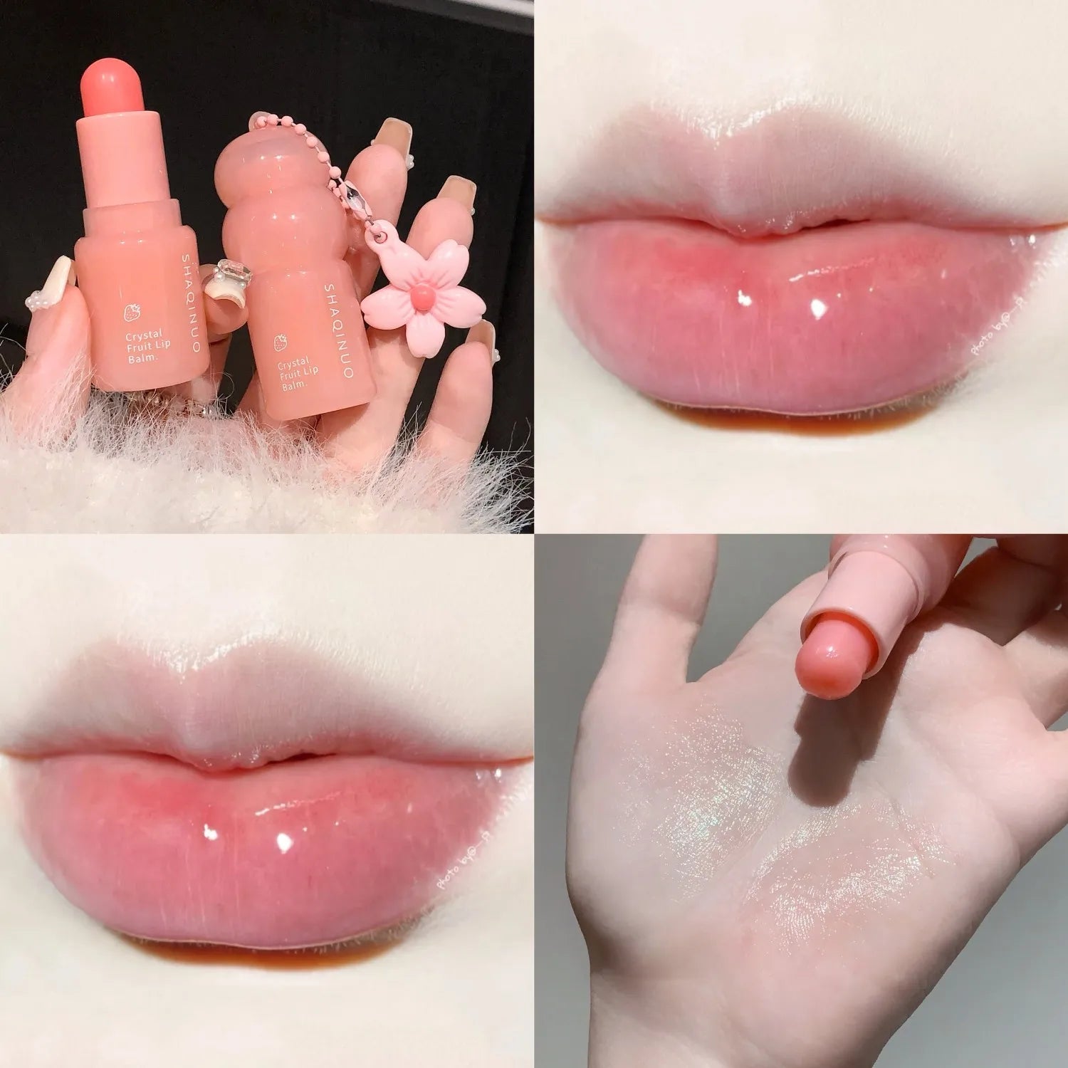 Crystal Strawberry Lip Balm Moisturizing Hydrating Lips Mask Stick Reduce Lip Lines Key Chain for Lip Care Change Color Lipstick