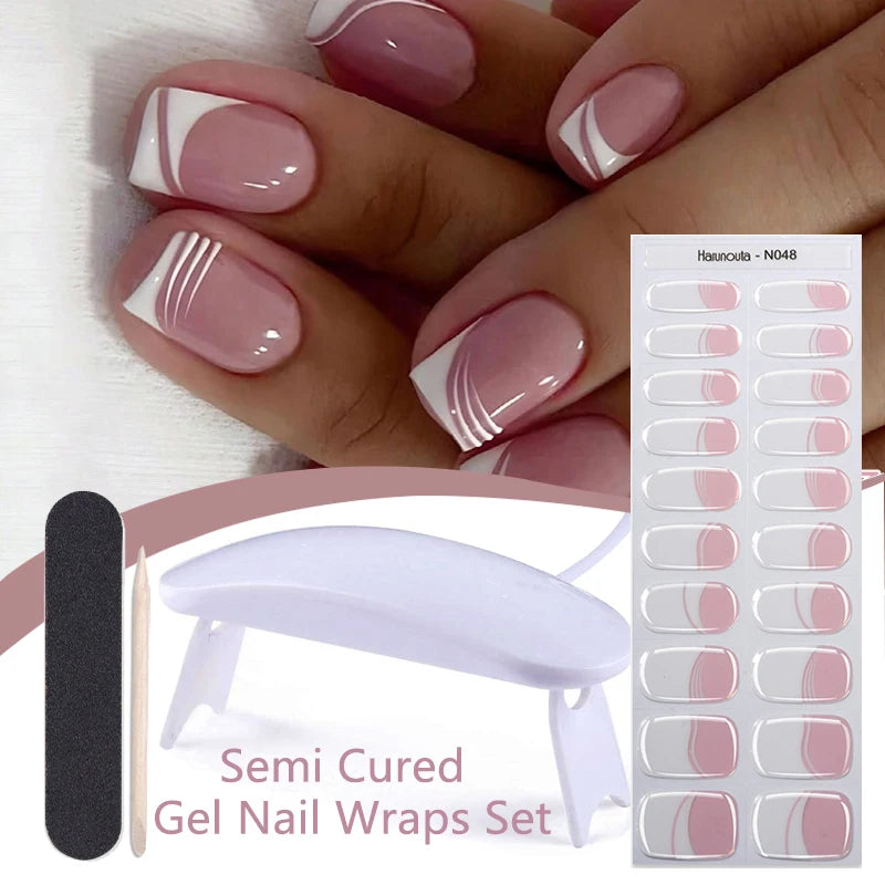 Harunouta 4pcs/set Gradient Jelly Semi Cured Gel Nail Strips with Nail Lamp Nude Pink Waterproof Nail Stickers Long Lasting Wrap
