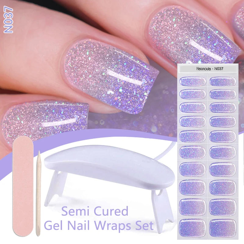 Harunouta 4pcs/set Gradient Jelly Semi Cured Gel Nail Strips with Nail Lamp Nude Pink Waterproof Nail Stickers Long Lasting Wrap
