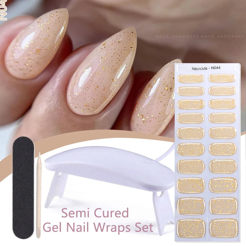 Harunouta 4pcs/set Gradient Jelly Semi Cured Gel Nail Strips with Nail Lamp Nude Pink Waterproof Nail Stickers Long Lasting Wrap