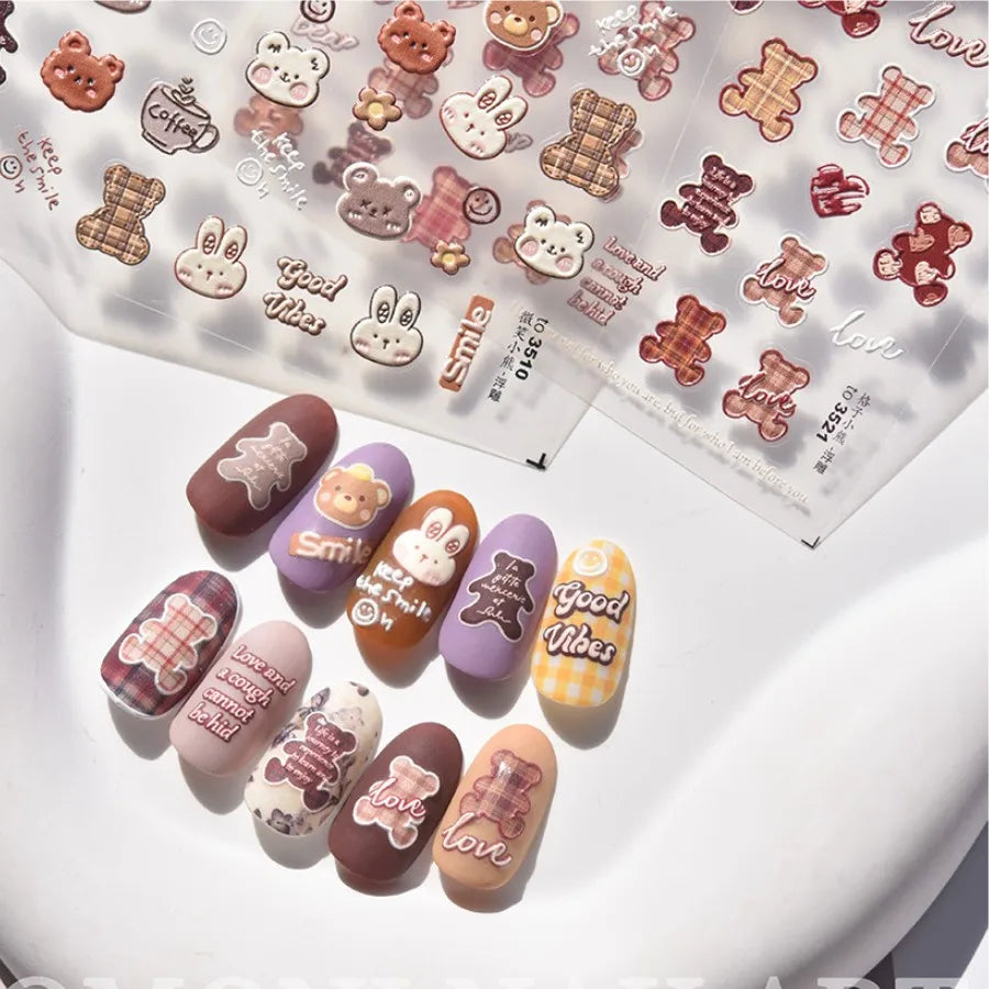 1pcs 5D Japanese Kawaii Bear Nail Art Stickers Brown Cartoon Animals Self-Adhesive Nail Decoration Decals DIY Slider Accessories