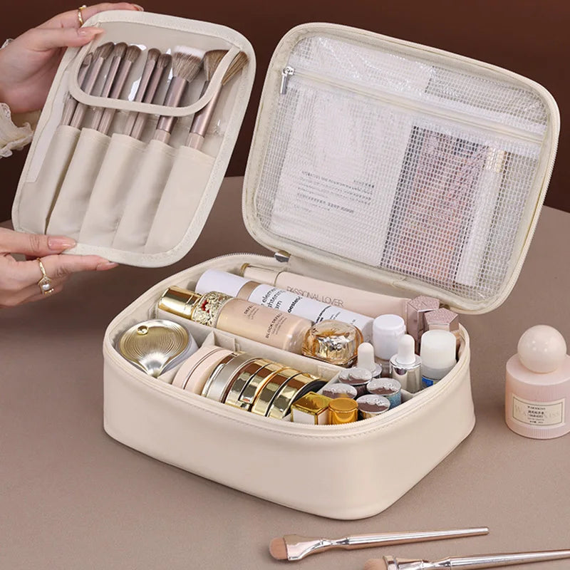 Wholesale PU Large Capacity Tote Makeup Bag Travel Organizer Tolietry Cosmetic Storage Bag Luxury Women Double Layer Pouch