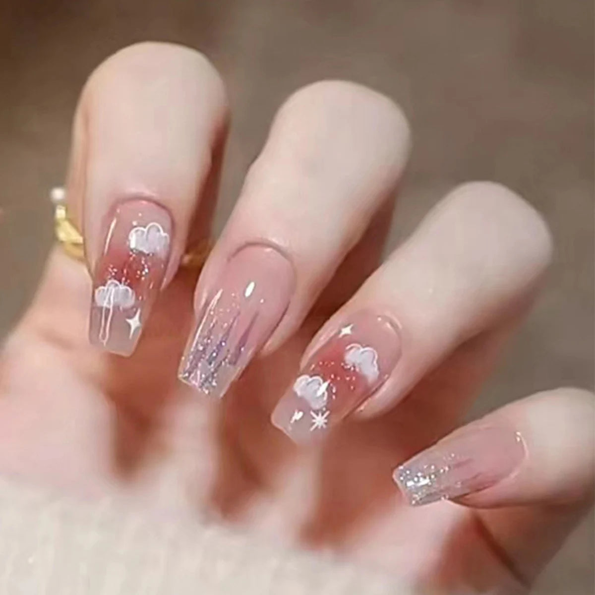 24pcs Chromic Heart Peach Bowknot 3D False Nails Gradient Pink Color Changing Press On Nails Sweet Pink for Women Girls