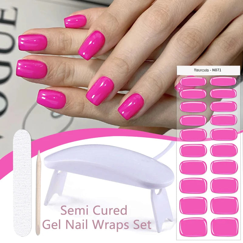 Harunouta 4pcs/set Gradient Jelly Semi Cured Gel Nail Strips with Nail Lamp Nude Pink Waterproof Nail Stickers Long Lasting Wrap