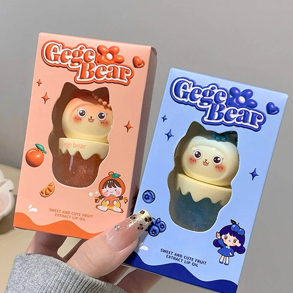 Gege Bear Cute Fruit-Flavored Lip Oil, Can be Key Pendant, Hydrating & Moisturizing Lip Balm for Lipstick Base, Reduces Lip Line