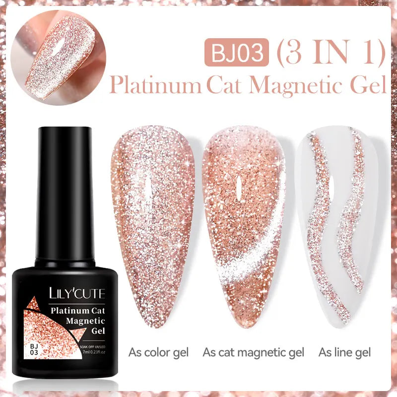 LILYCUTE 7ML 3 IN 1 Platinum Cat Magnetic Gel Nail Polish Silver Moonlight Magnetic Nail Sparkling Glitter Semi Permanent UV Gel