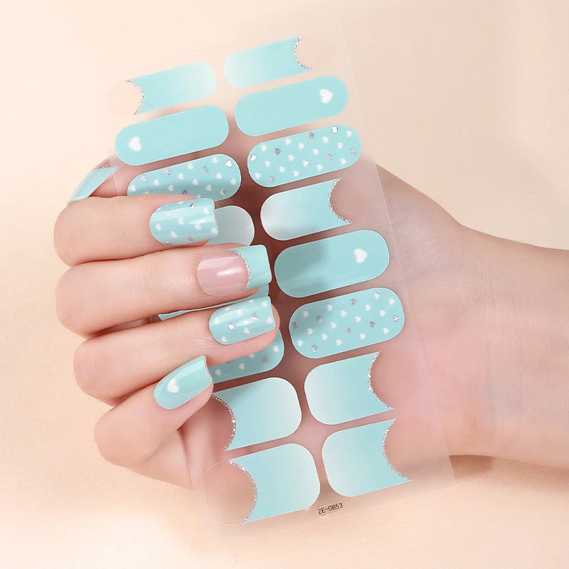 16Tips Sparkling DIY Baking-Free Nail Stickers French Nail Patch Full Cover Adhesive Nail Wraps Manicures Decoration Decal