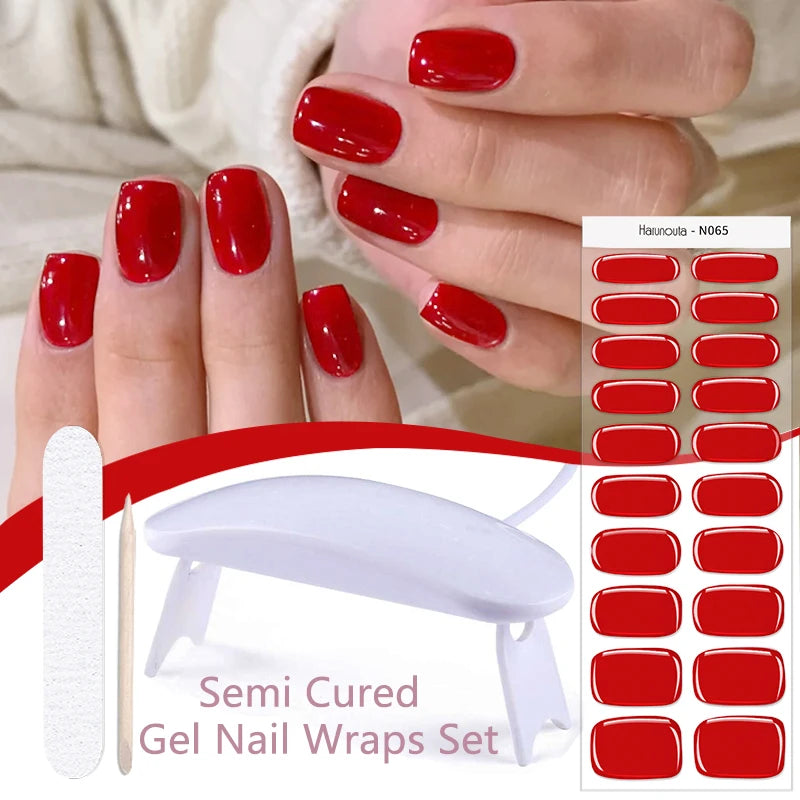 Harunouta 4pcs/set Gradient Jelly Semi Cured Gel Nail Strips with Nail Lamp Nude Pink Waterproof Nail Stickers Long Lasting Wrap