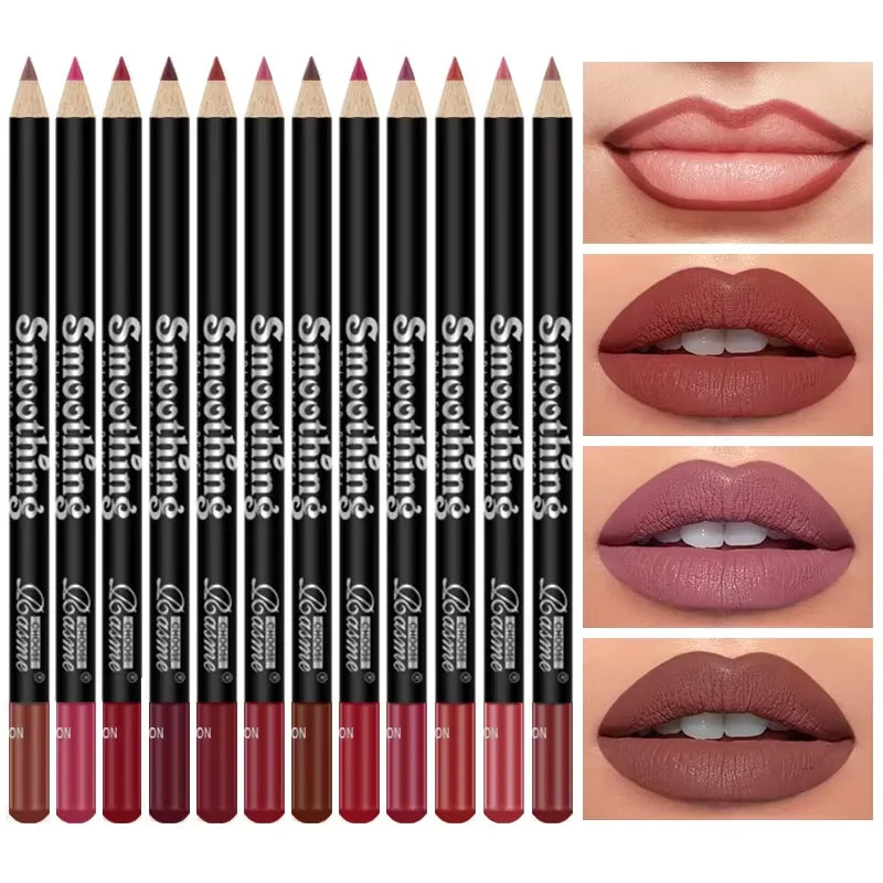 12 Colors Lip Liner Pen Set Professional Lip Liner Pencil Fashion Black Rod  Non-stick Cup Easy To Color Lipstick Pen Makeup