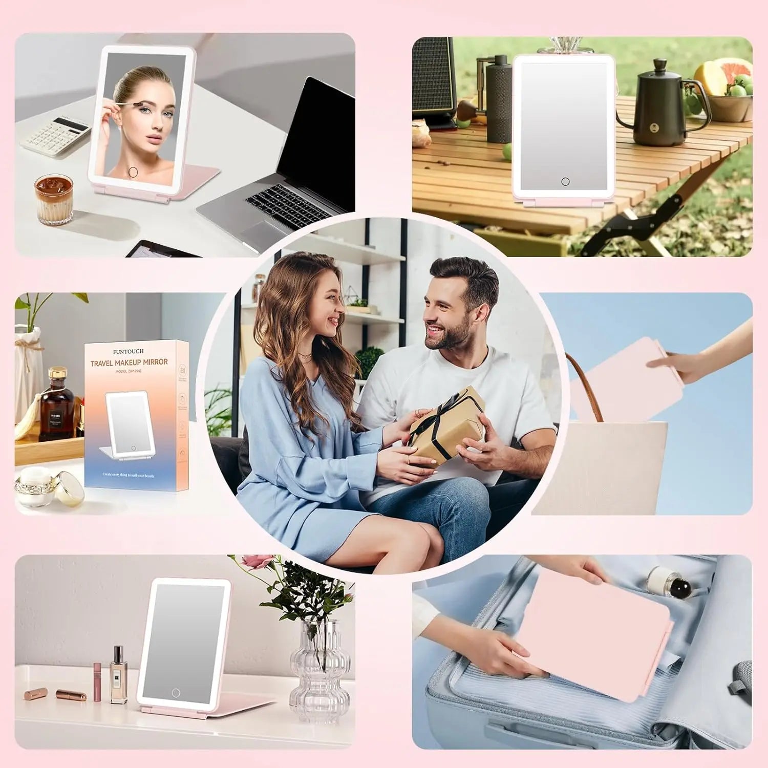 LED Folding Travel Makeup Mirror 3 Colors Light Modes USB Rechargeable Touch Screen Portable Tabletop Cosmetic Mirror