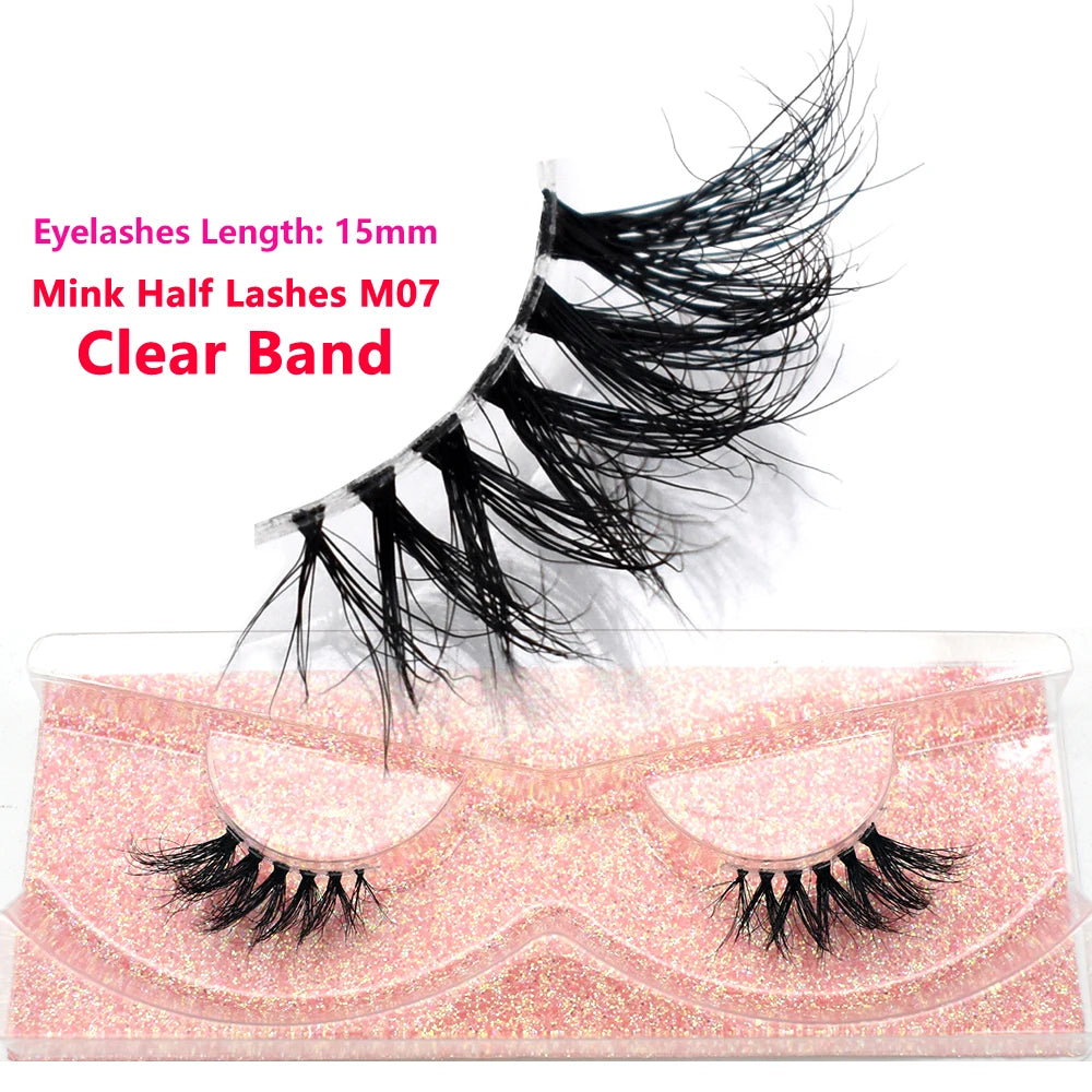3D Mink Fluffy Half False Eyelashes Natural Soft Lightweight Clear Band Half Eye Strip Lashes Reusable Short Eyelashes Extension
