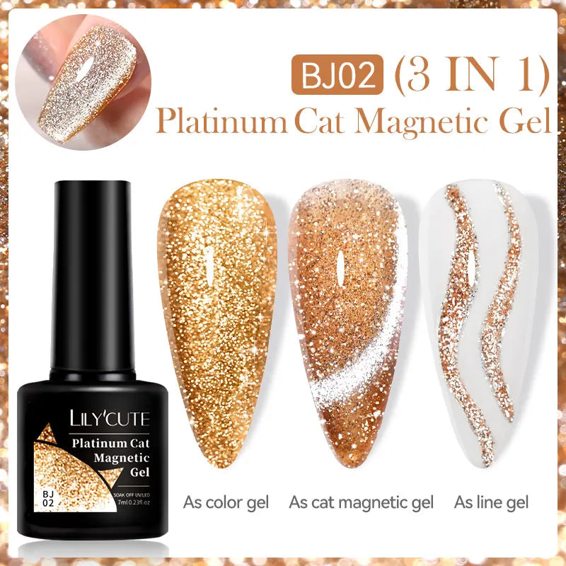 LILYCUTE 7ML 3 IN 1 Platinum Cat Magnetic Gel Nail Polish Silver Moonlight Magnetic Nail Sparkling Glitter Semi Permanent UV Gel