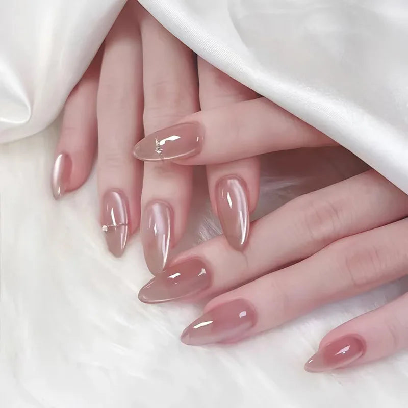 24Pcs Metallic Cat Eye French Sheer Manicure Tip Art Textured 3D Acrylic False Nails Nude Pink Almond Medium Press on Fake Nails
