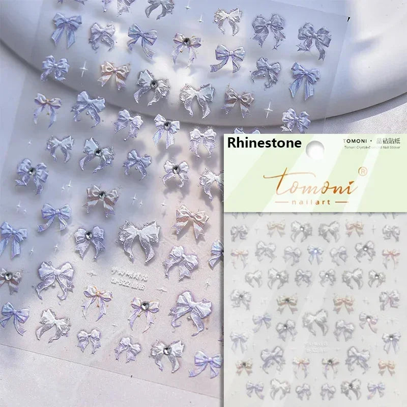 French Leopard Print Bowknot Lace Ribbon Rhinestone Pearl Bow Tie Simple White Black Nail Art Stickers Decoration Manicure Decal