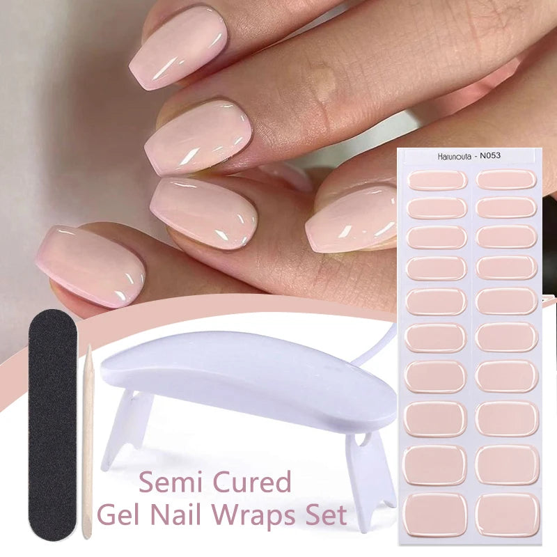 Harunouta 4pcs/set Gradient Jelly Semi Cured Gel Nail Strips with Nail Lamp Nude Pink Waterproof Nail Stickers Long Lasting Wrap
