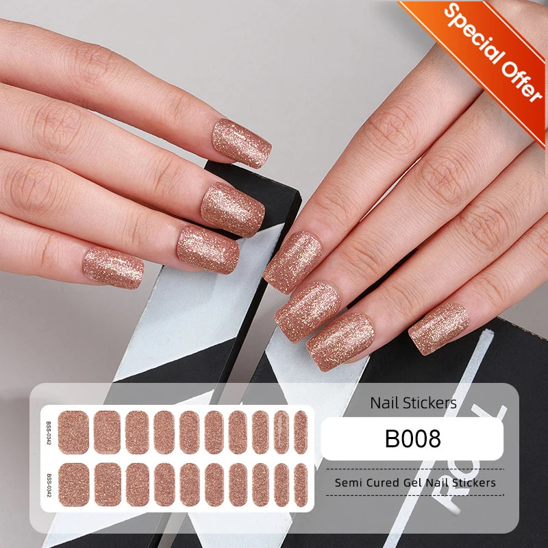 20Tips Gradient French Semi-cured Gel Nail Sticker UV Lamp Needed Full Cover Nail Gel Polish Wraps Manicure Press on Nails Decal