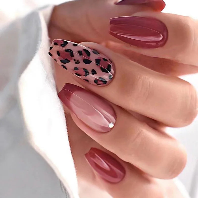 Black Leopard Print Light Yellow French Red Flowers Fake Nails Fashion Detachable Finished False Nails Press on Nails with Glue