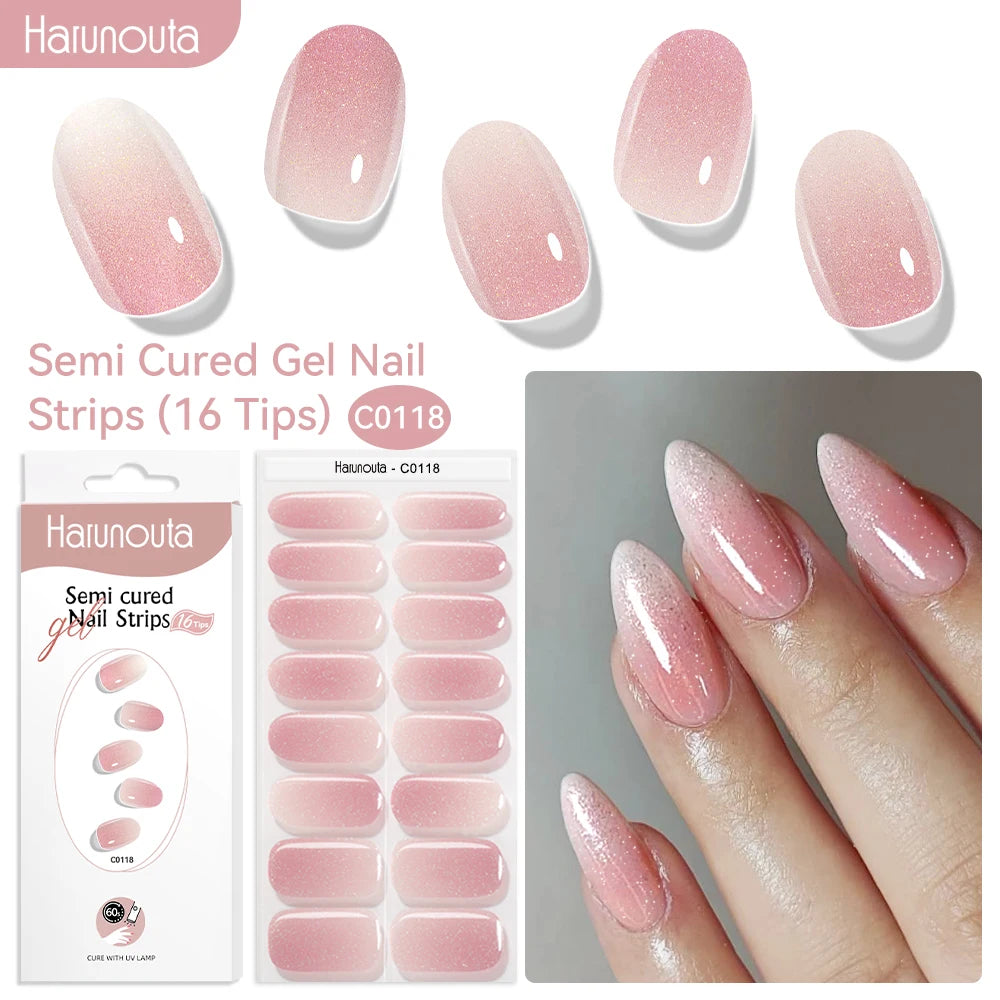 Harunouta 16strips Gradient Red Marble Gold Line Semi Cured Gel Nail Strips DIY Gel Polish Stickers for Nails Work with UV/LED
