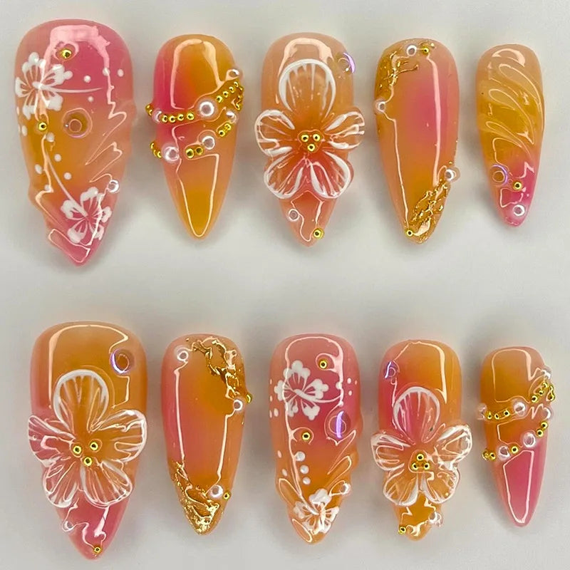 24Pcs 3D Strawberry Rabbit Flower Fake Nails Press on Mid-length Almond Wearable False Nails Green Gradient Pearl Manicure Tips