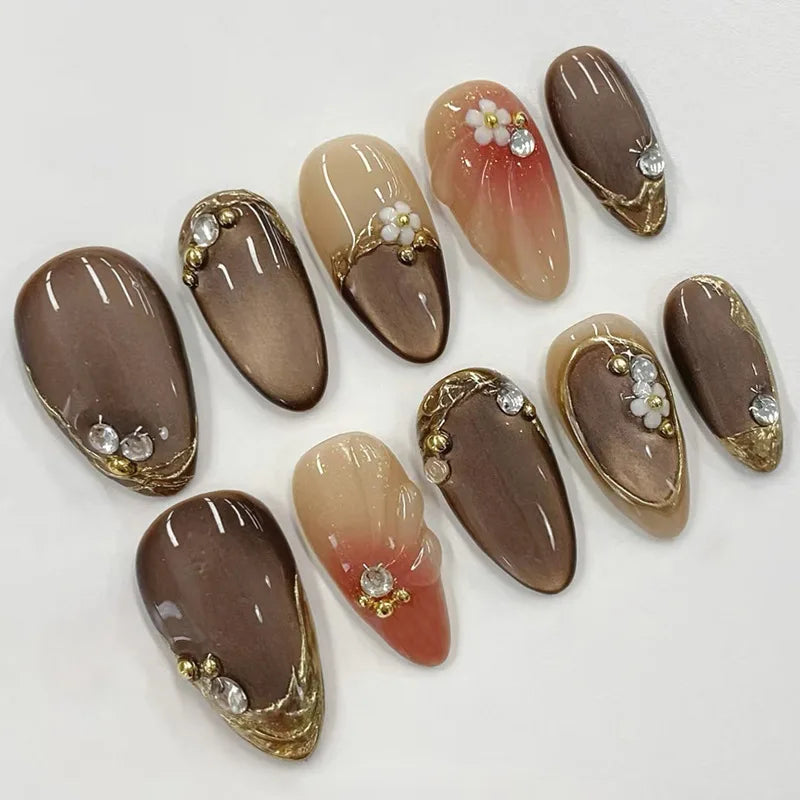 24Pcs 3D Strawberry Rabbit Flower Fake Nails Press on Mid-length Almond Wearable False Nails Green Gradient Pearl Manicure Tips