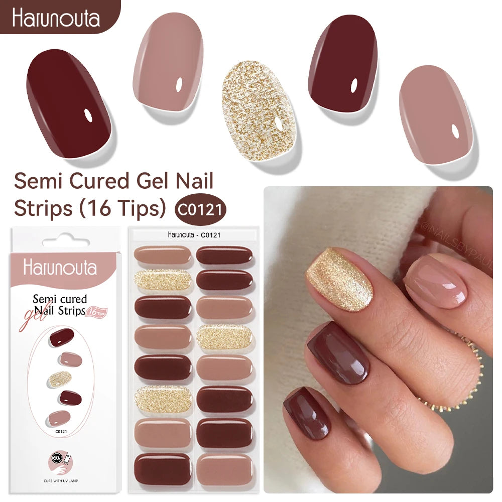 Harunouta 16strips Gradient Red Marble Gold Line Semi Cured Gel Nail Strips DIY Gel Polish Stickers for Nails Work with UV/LED